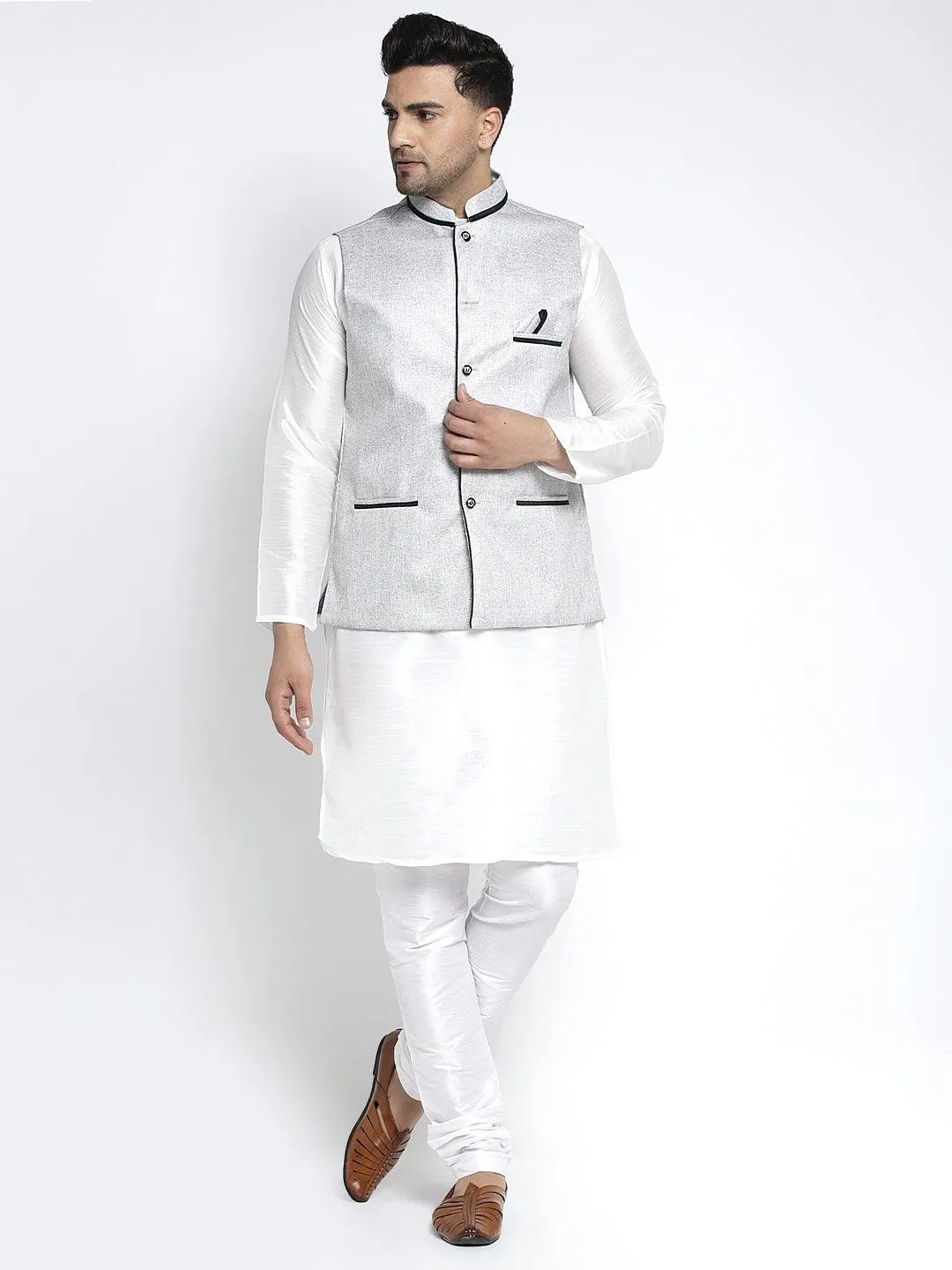 Men's Silk Blend White Kurta With Pyjama & Grey Nehru Jacket - Benstoke