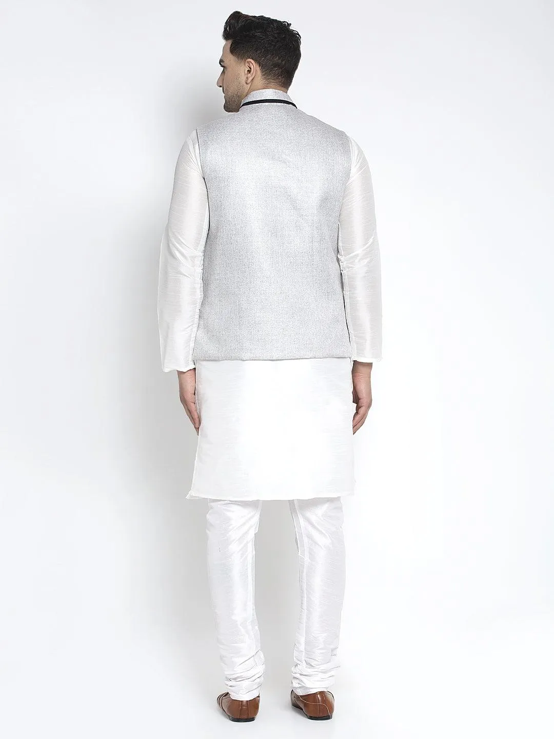 Men's Silk Blend White Kurta With Pyjama & Grey Nehru Jacket - Benstoke