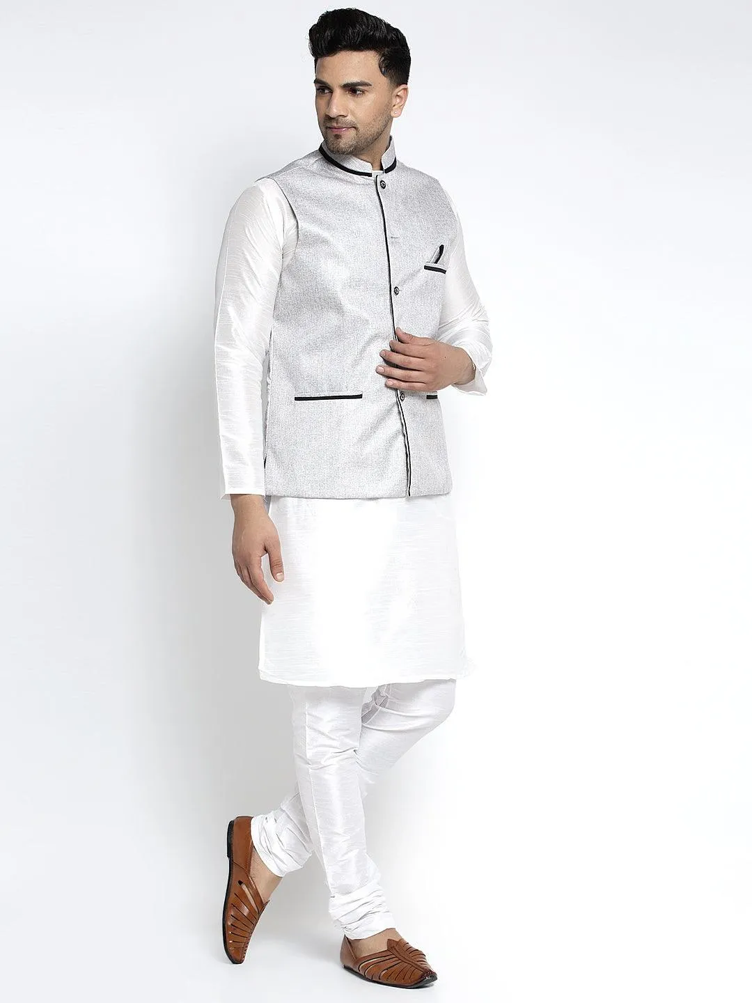 Men's Silk Blend White Kurta With Pyjama & Grey Nehru Jacket - Benstoke