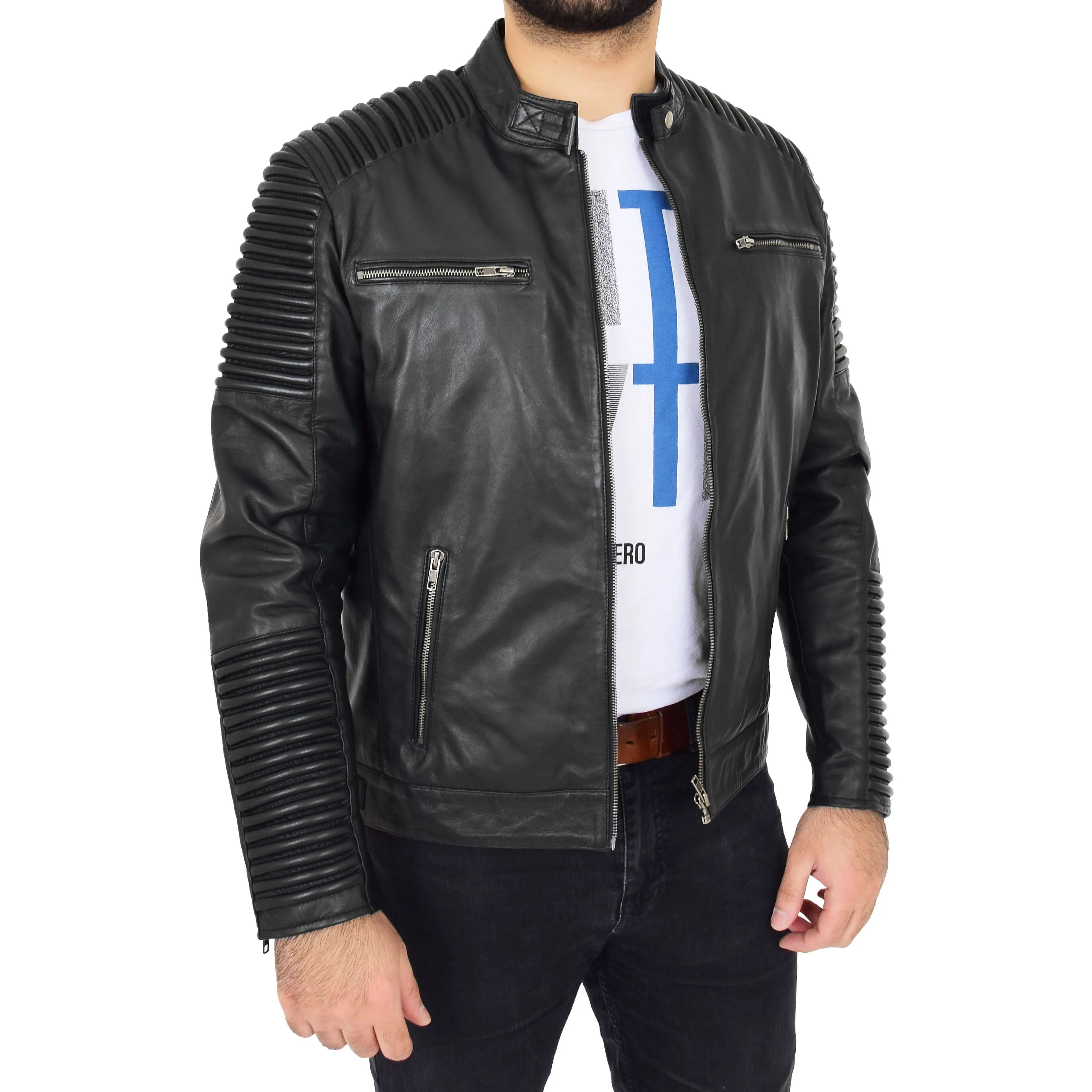 Mens Soft Black Leather Biker Quilted Stitching's Jacket Toby