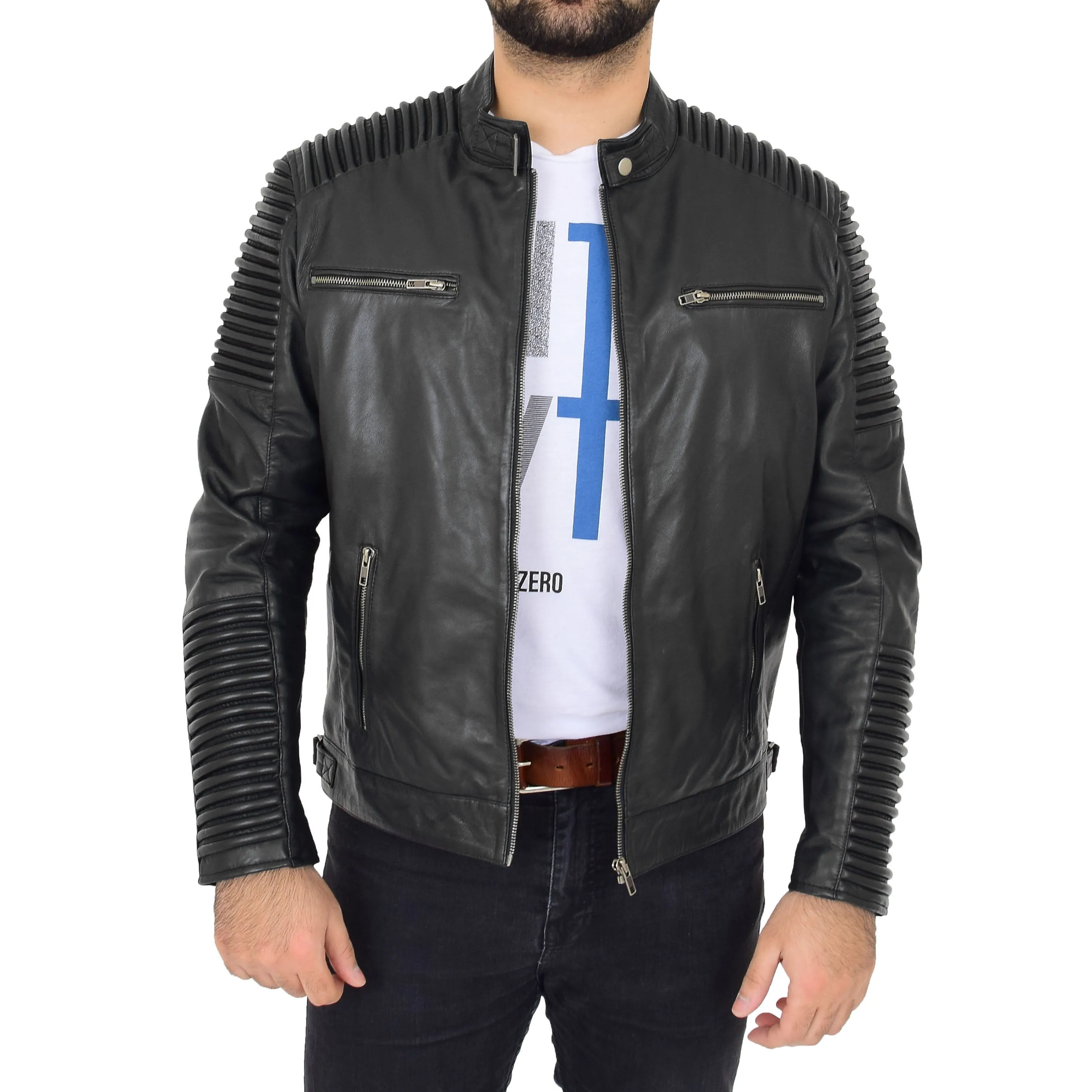 Mens Soft Black Leather Biker Quilted Stitching's Jacket Toby