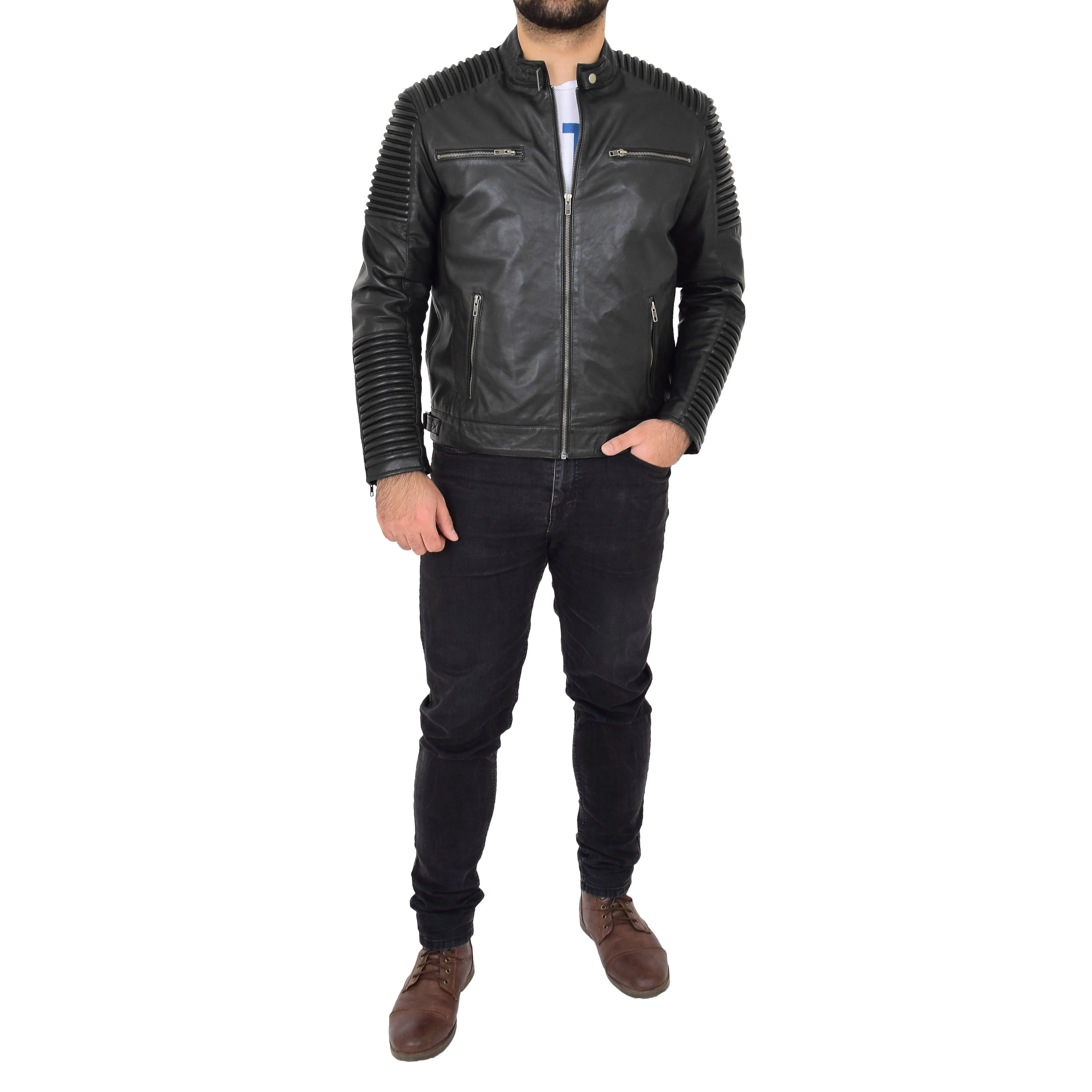 Mens Soft Black Leather Biker Quilted Stitching's Jacket Toby