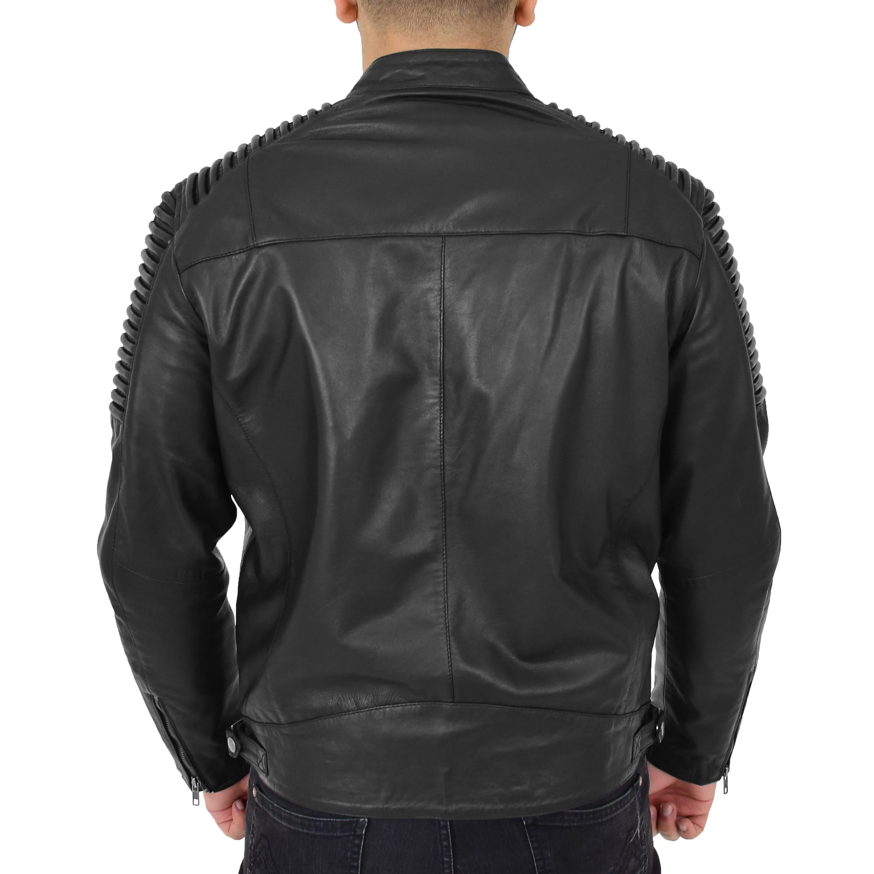 Mens Soft Black Leather Biker Quilted Stitching's Jacket Toby