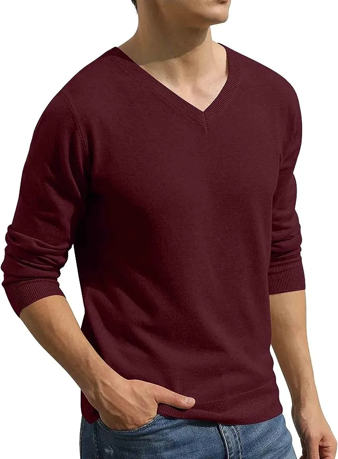 Men's V-Neck Casual Sweater Structured Knit Pullover - Red