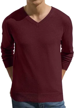 Men's V-Neck Casual Sweater Structured Knit Pullover - Red