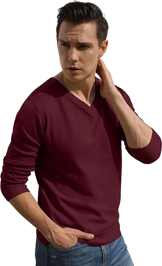 Men's V-Neck Casual Sweater Structured Knit Pullover - Red