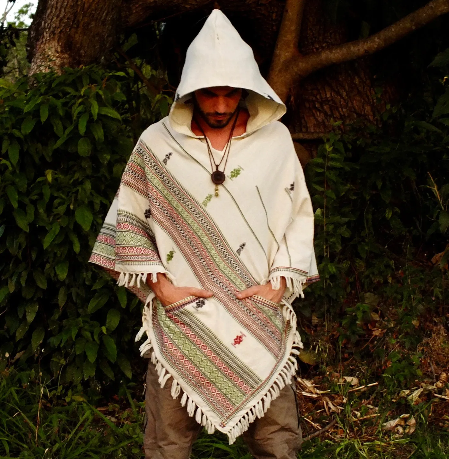 Mens White Poncho with Hood Cashmere Wool, Earthy Embroidered Tribal Pattern Festival Gypsy