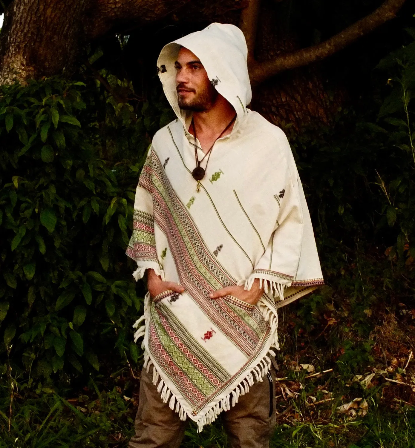 Mens White Poncho with Hood Cashmere Wool, Earthy Embroidered Tribal Pattern Festival Gypsy