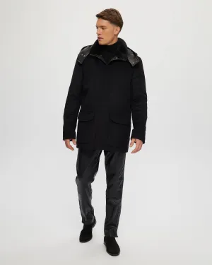 Men's Wool Parka with Detachable Hood and Shearling Lamb Collar