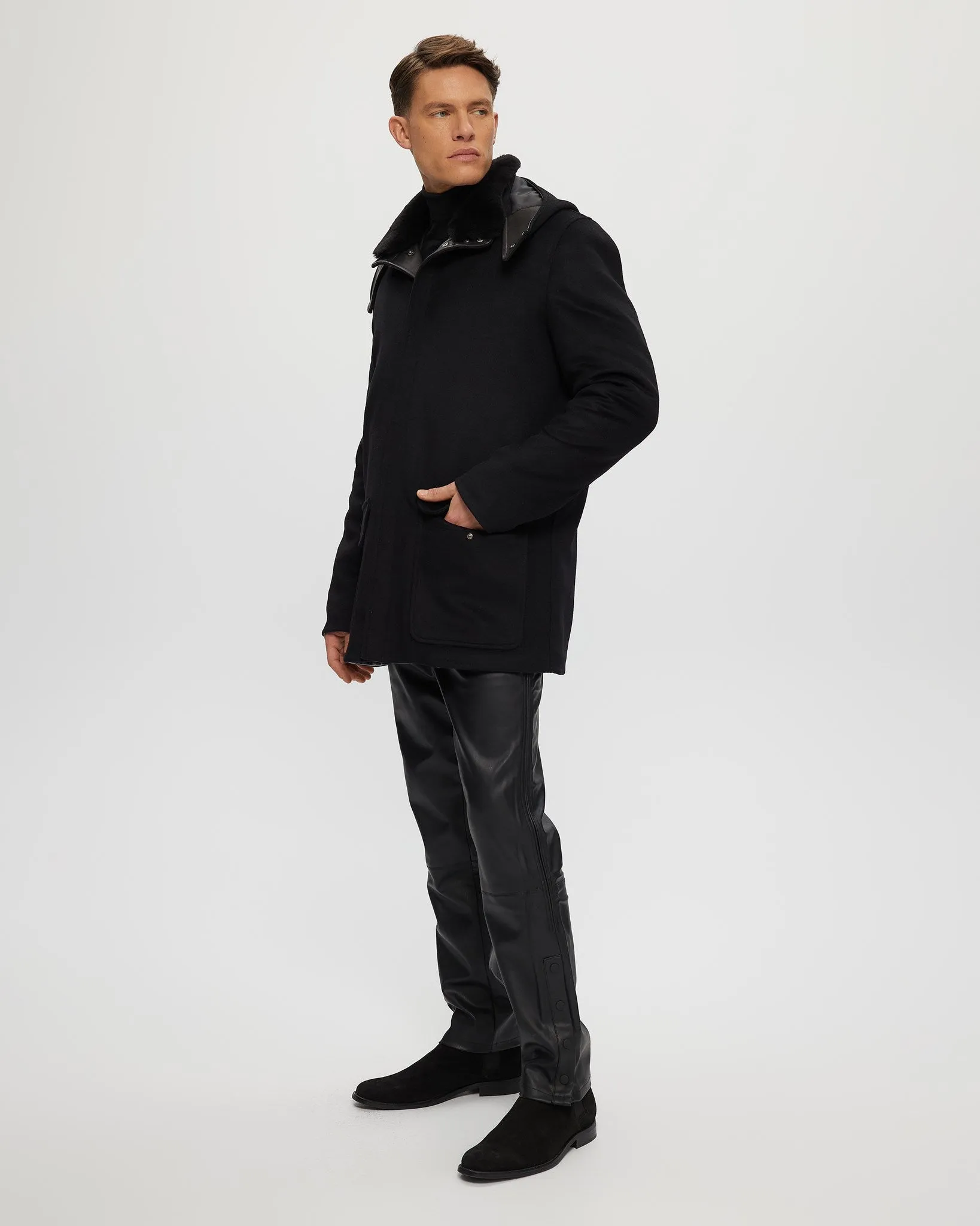 Men's Wool Parka with Detachable Hood and Shearling Lamb Collar