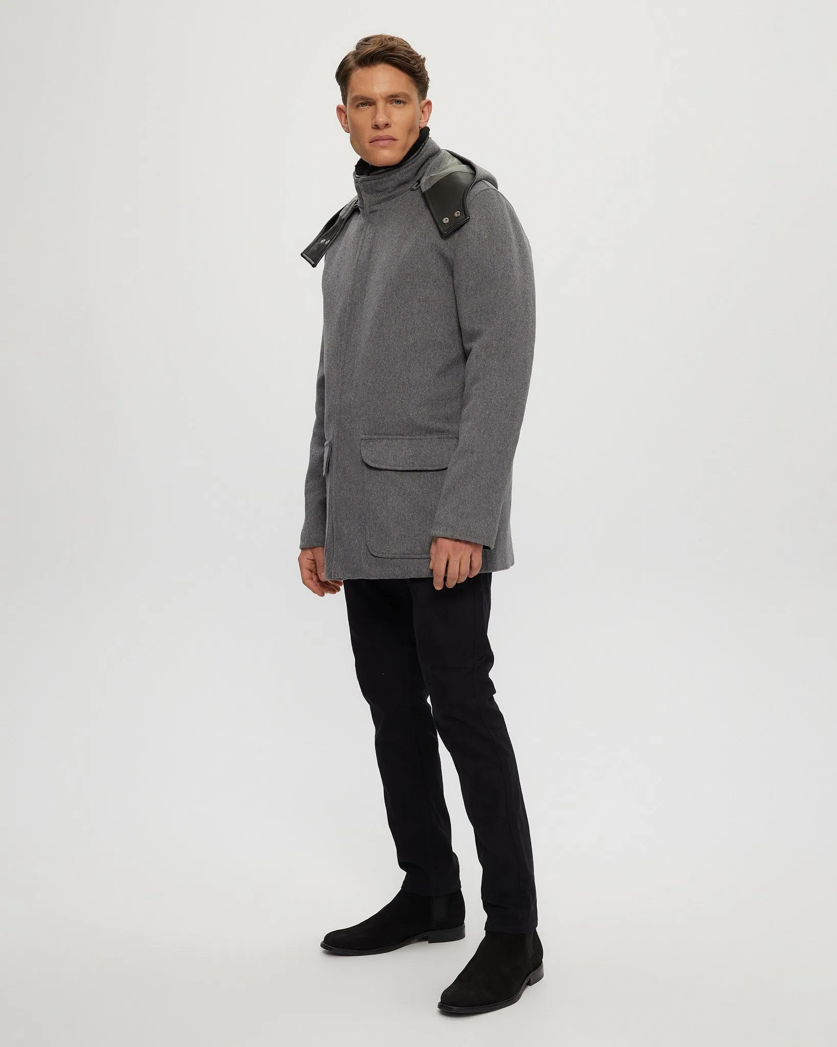 Men's Wool Parka with Detachable Hood and Shearling Lamb Collar