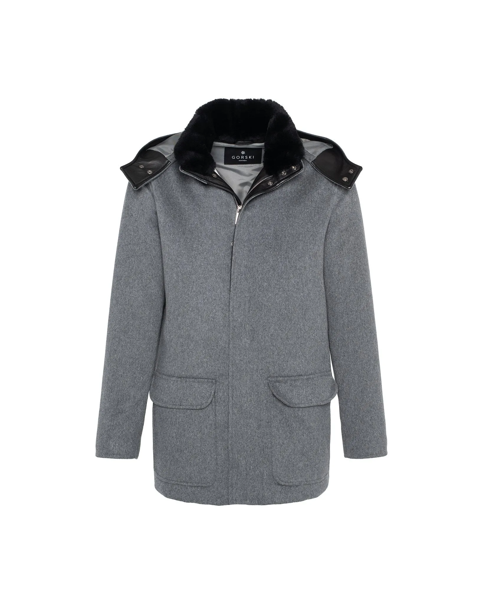 Men's Wool Parka with Detachable Hood and Shearling Lamb Collar