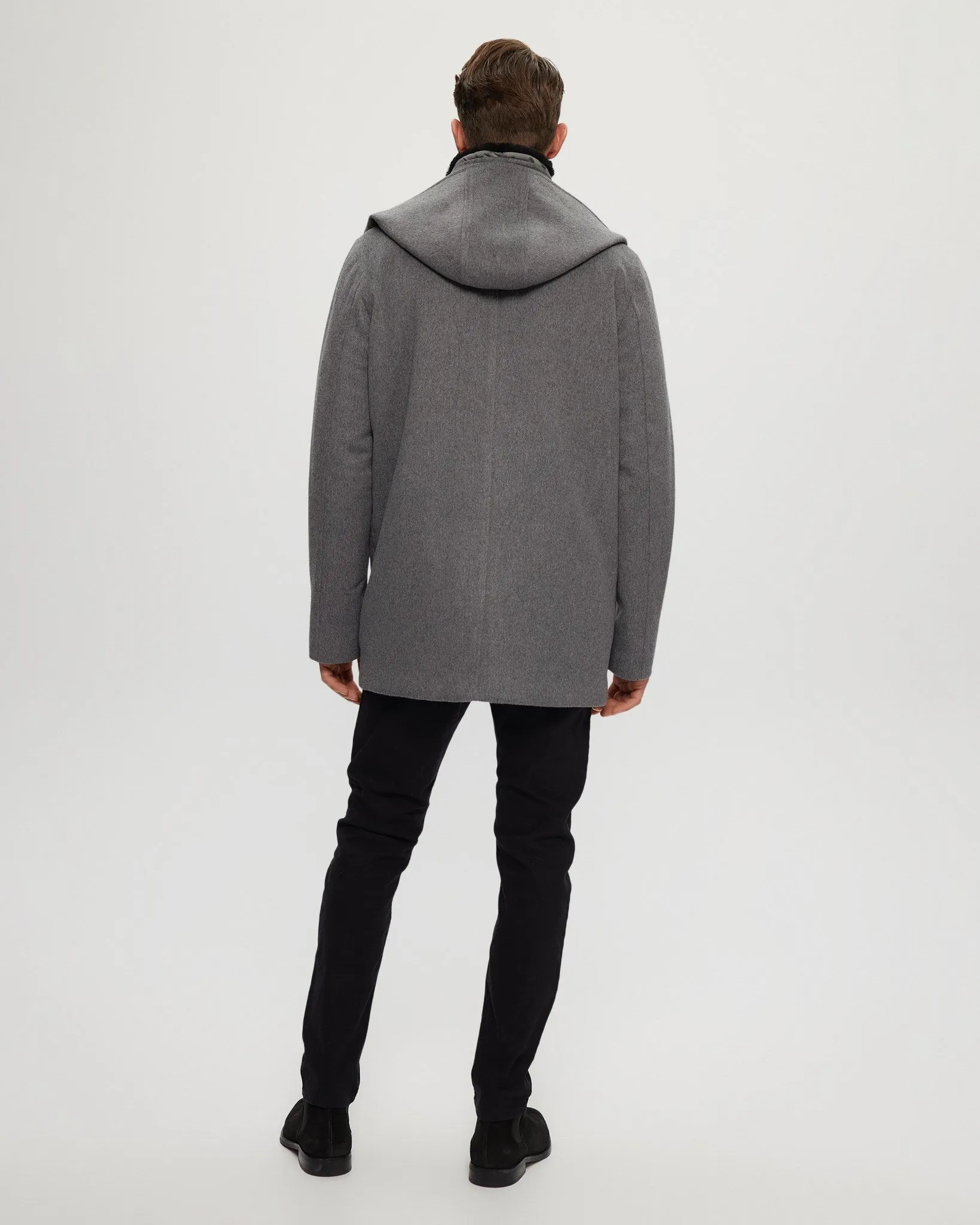 Men's Wool Parka with Detachable Hood and Shearling Lamb Collar