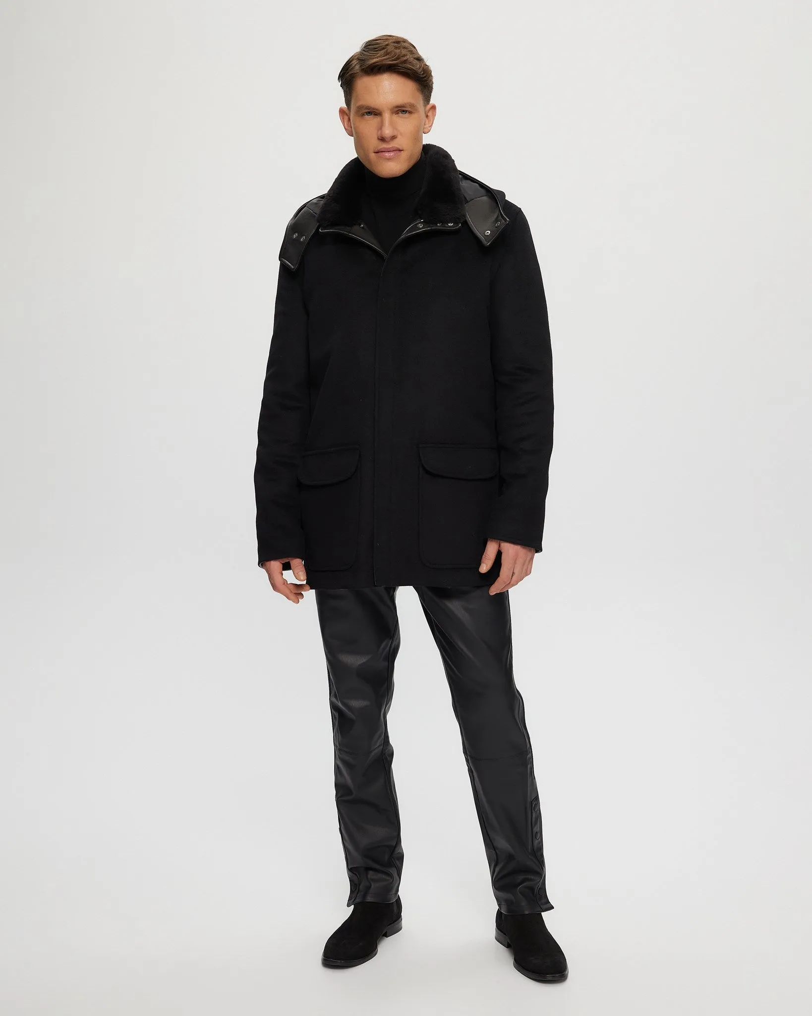 Men's Wool Parka with Detachable Hood and Shearling Lamb Collar