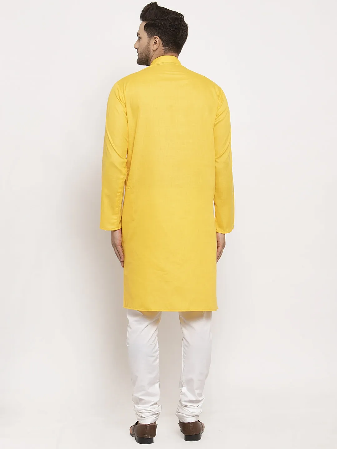 Men's Yellow Solid Kurta With White Churidaar Pyjama - Benstoke