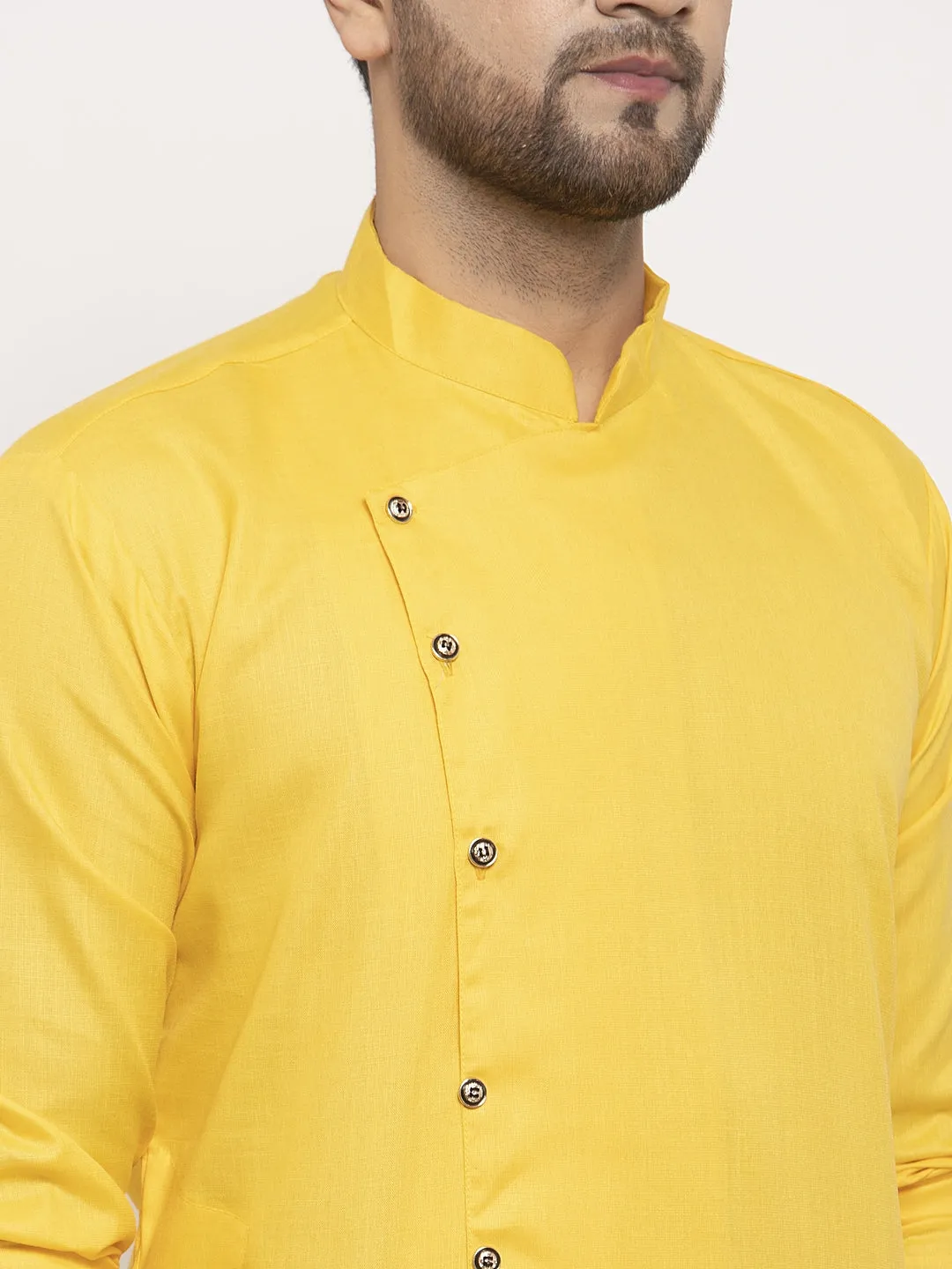 Men's Yellow Solid Kurta With White Churidaar Pyjama - Benstoke