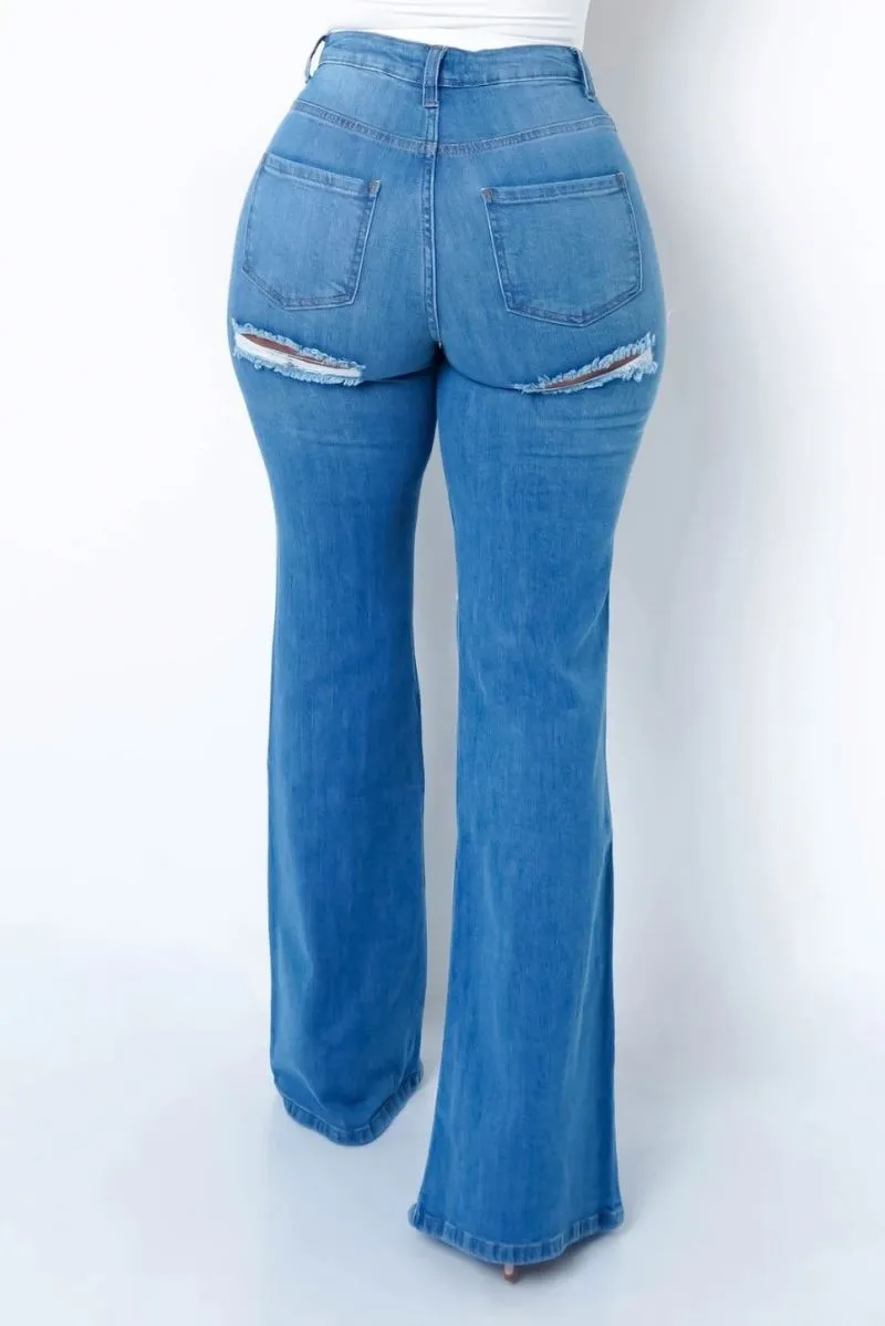 Mid Waist Ladies Ripped Flare Pants