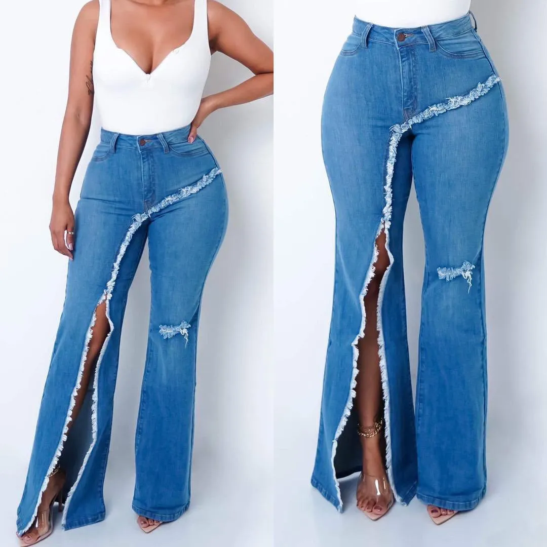 Mid Waist Ladies Ripped Flare Pants