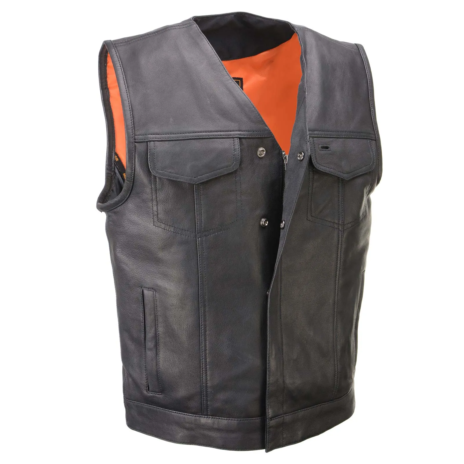 Milwaukee Leather MLM3503 Men's 'Pursuit' Black Premium Naked Goad Leather V Neck Motorcycle Rider Vest