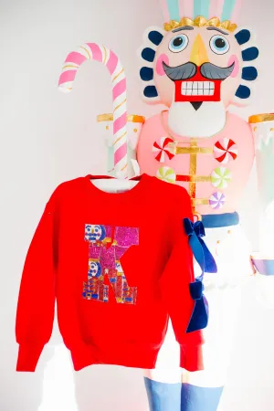 MINI KIDS RED SEQUIN NUTCRACKER INITIAL PULLOVER