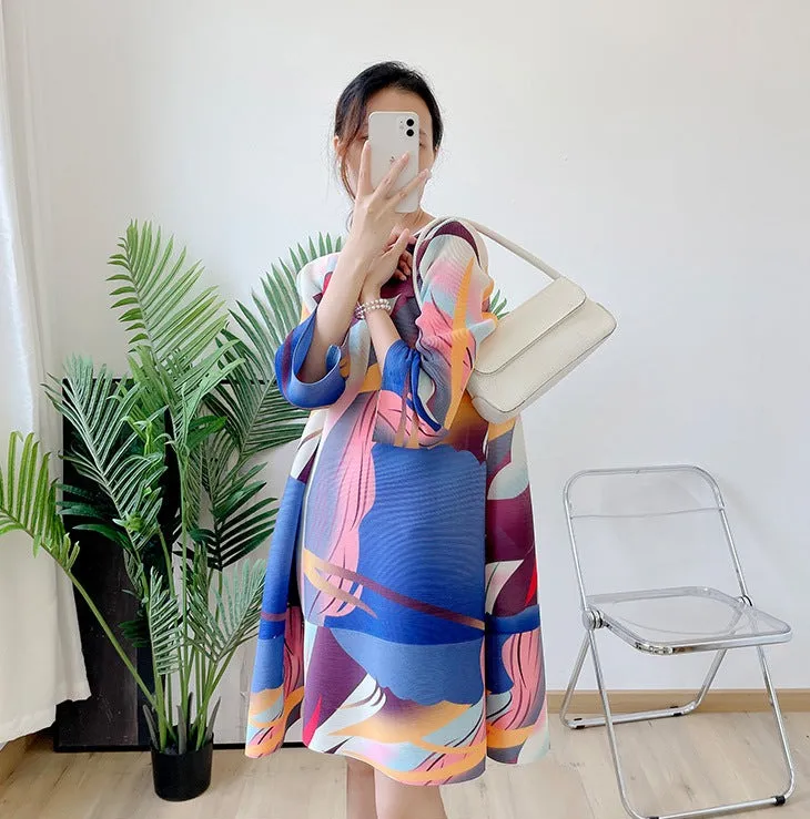 Miyake Pleated Printed Bell Sleeve Mini Dress