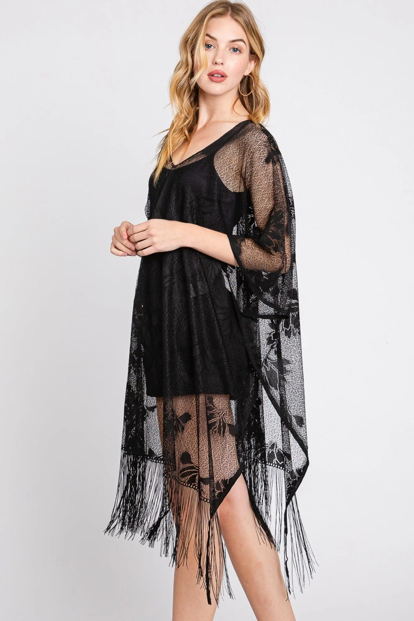 MS0362 Iris Floral Lace Poncho With Tassel