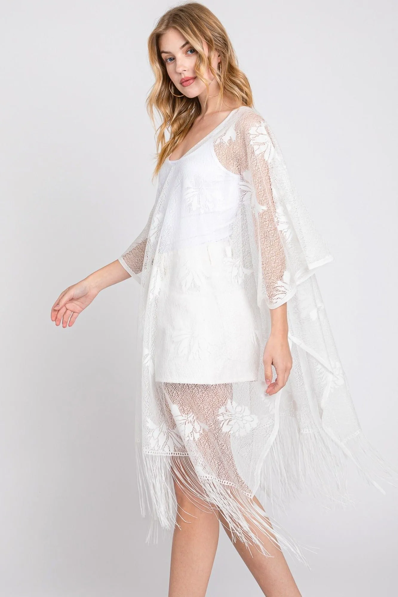 MS0362 Iris Floral Lace Poncho With Tassel