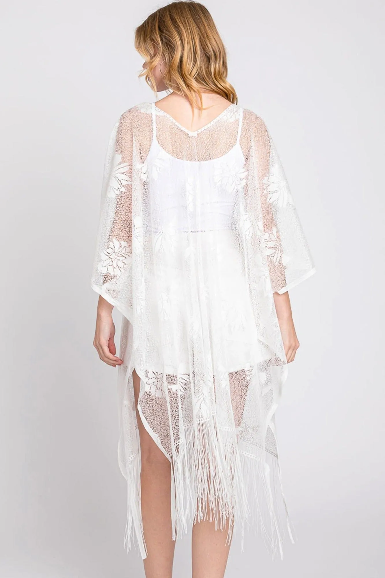 MS0362 Iris Floral Lace Poncho With Tassel