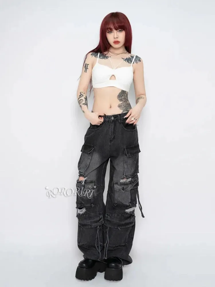 Multi-Pocket High Waist Wide Leg Ripped Vintage Pant