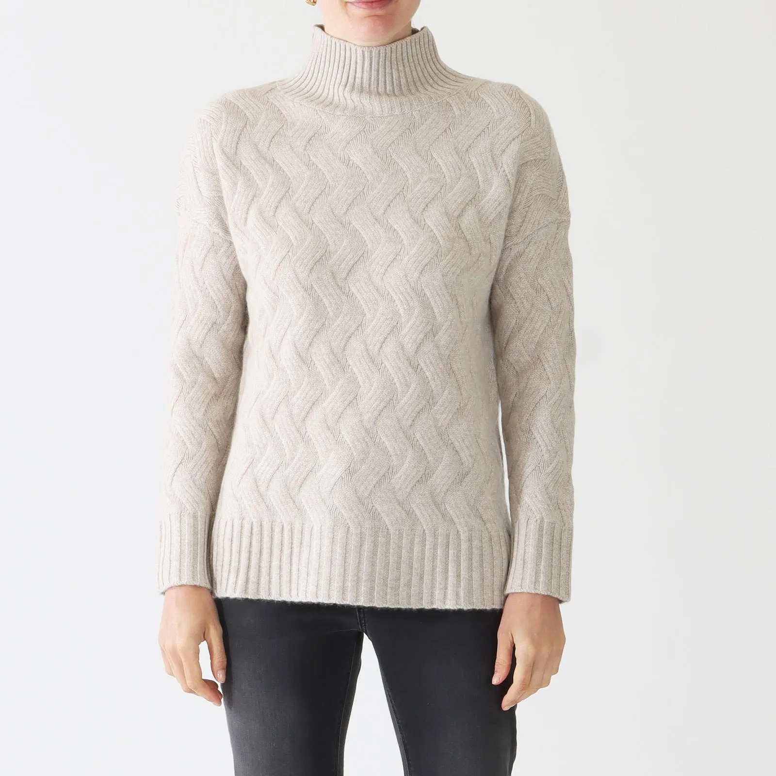 Mushroom Luxe Cable Funnel Cashmere Sweater