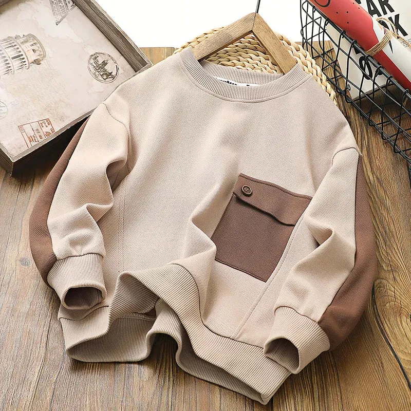 New 2023 Autumn Sweatshirt Boys Patchwork Cotton Pullover Fashion Clothes Tops Spring Big Kids Long Sleeves Coats Fall 4-14 Year