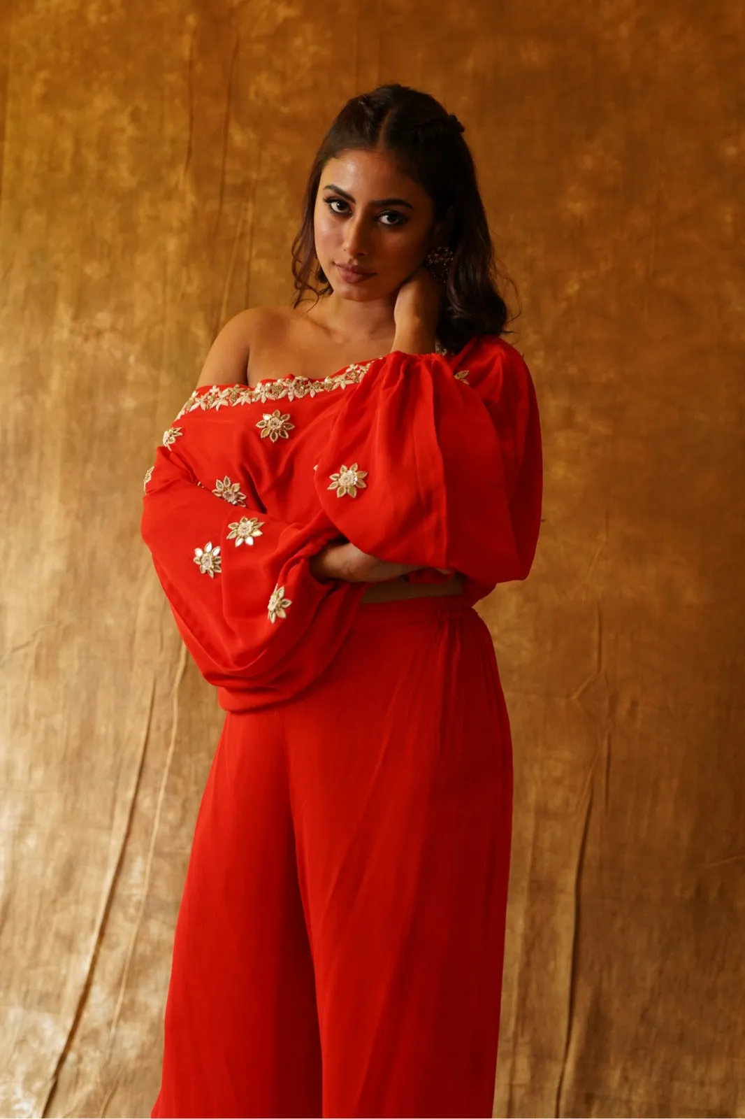 Off Shoulder Top and Palazzo Pants in Red