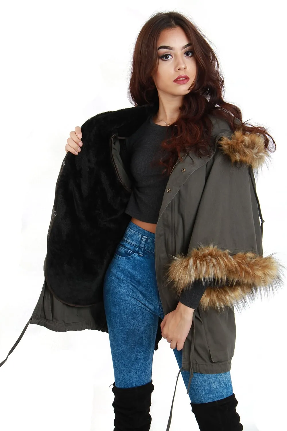 Oversized Sleeve Fur Parka Coat