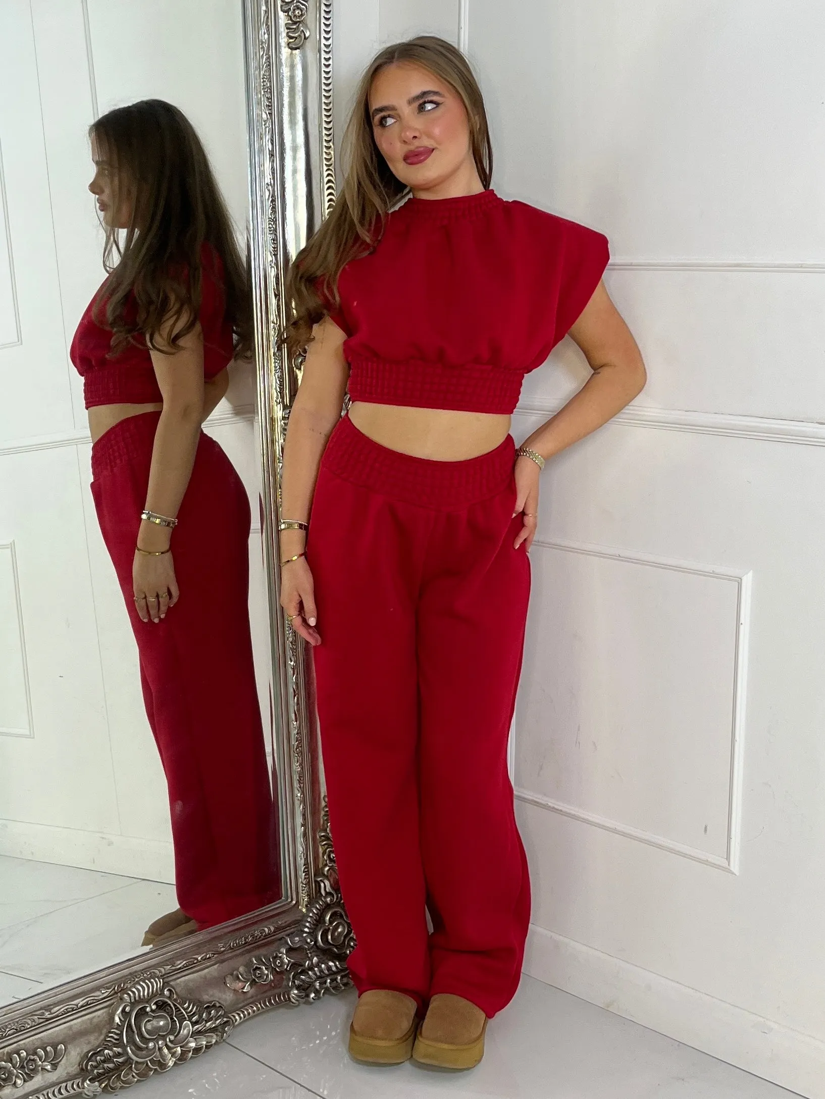 Padded Shoulder Top & Wide Leg Pants Tracksuit - Red