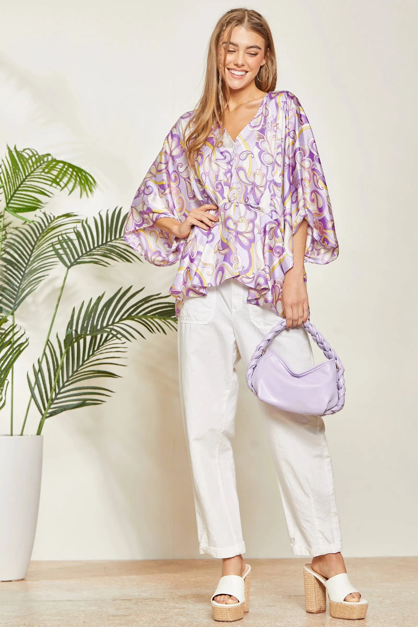 Paisley Print Satin Pleated Blouse: Lilac-SALE