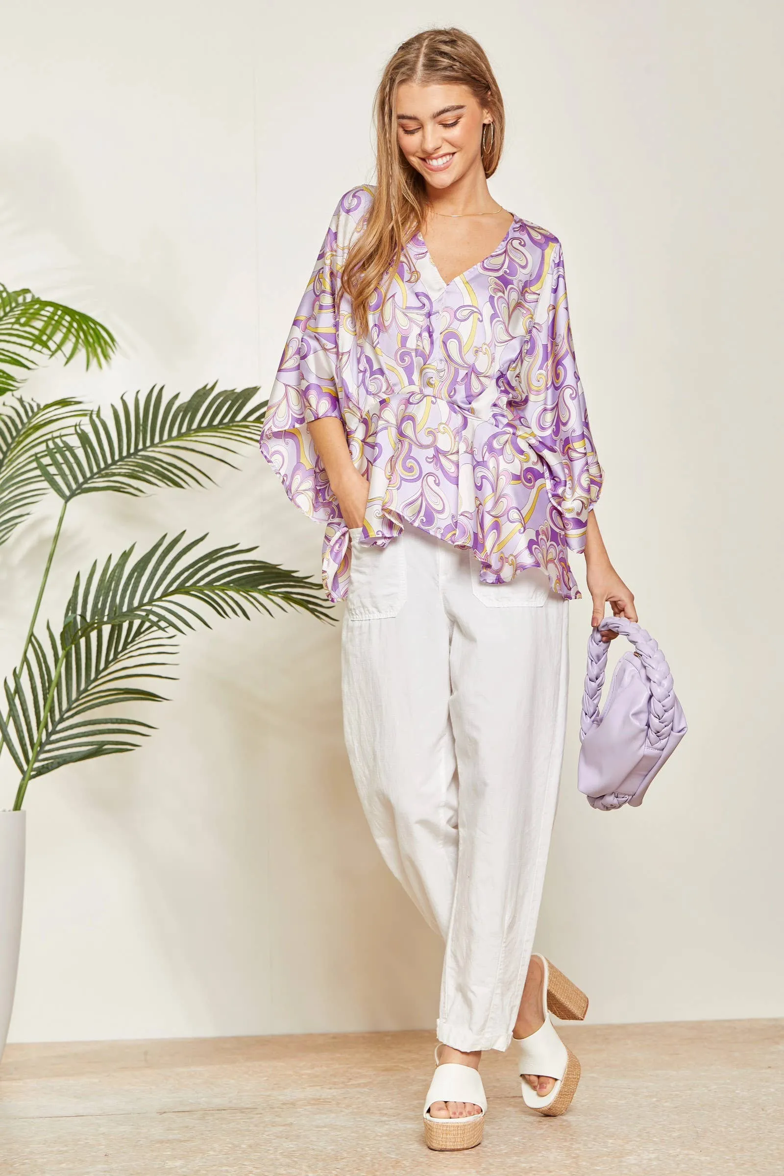 Paisley Print Satin Pleated Blouse: Lilac-SALE