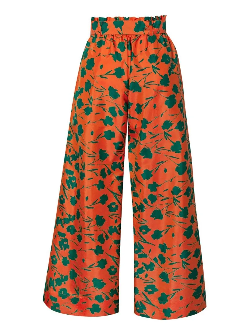 Paloma Floral Print Belted Silk Palazzo Pant  - Orange/Green Floral