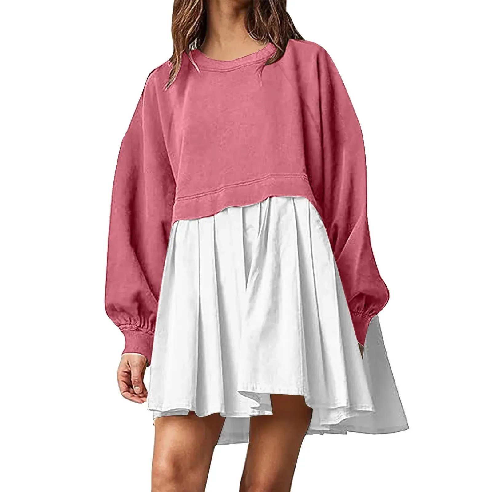 Patchwork Crewneck Loose Pullover Mini Female Robe Casual Oversized Dress