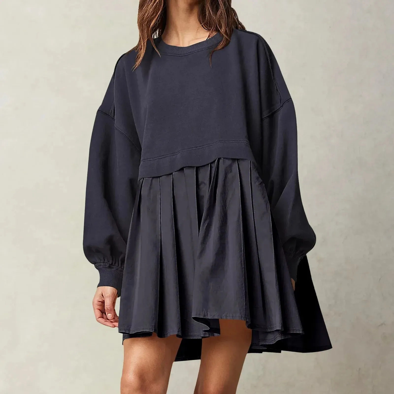 Patchwork Crewneck Loose Pullover Mini Female Robe Casual Oversized Dress