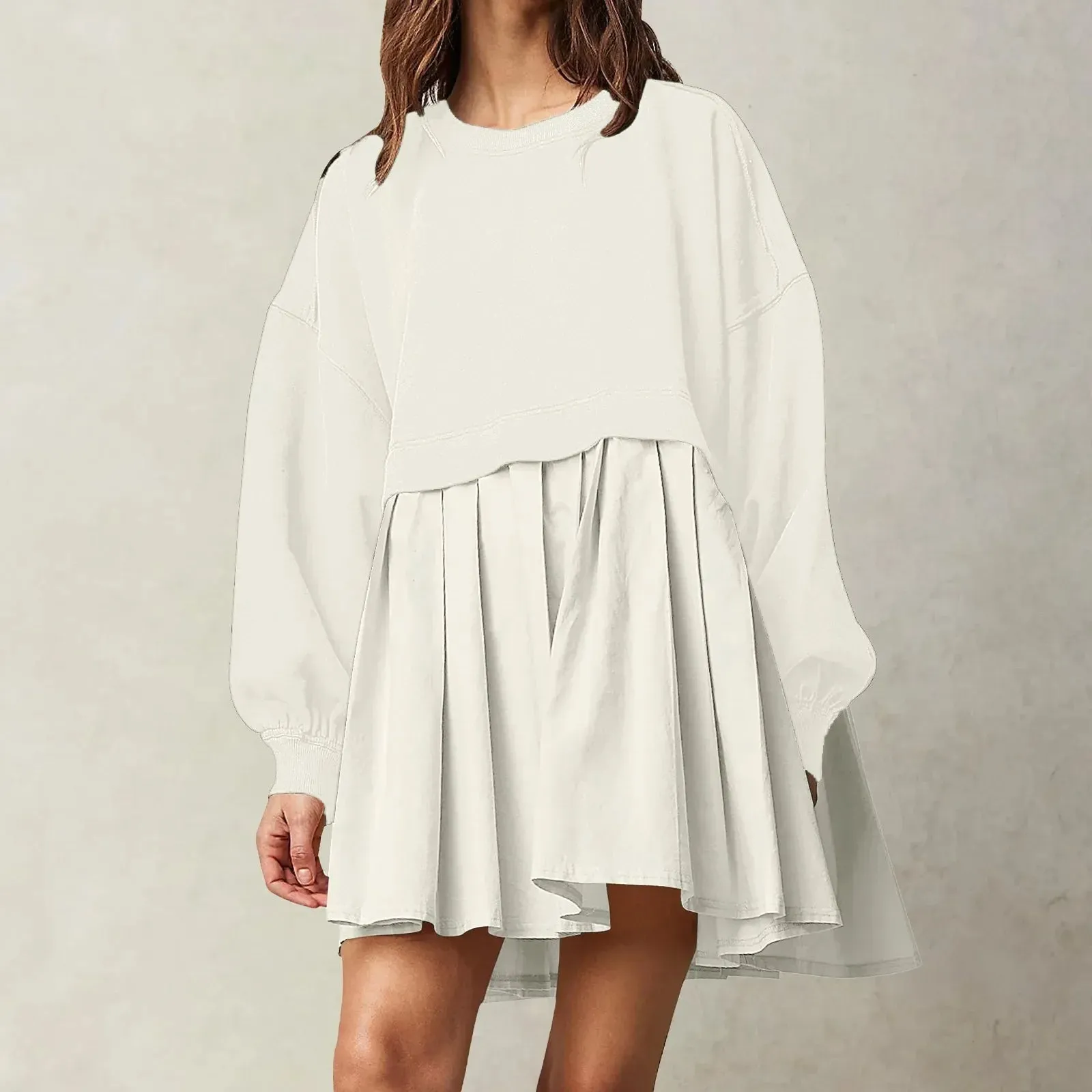 Patchwork Crewneck Loose Pullover Mini Female Robe Casual Oversized Dress