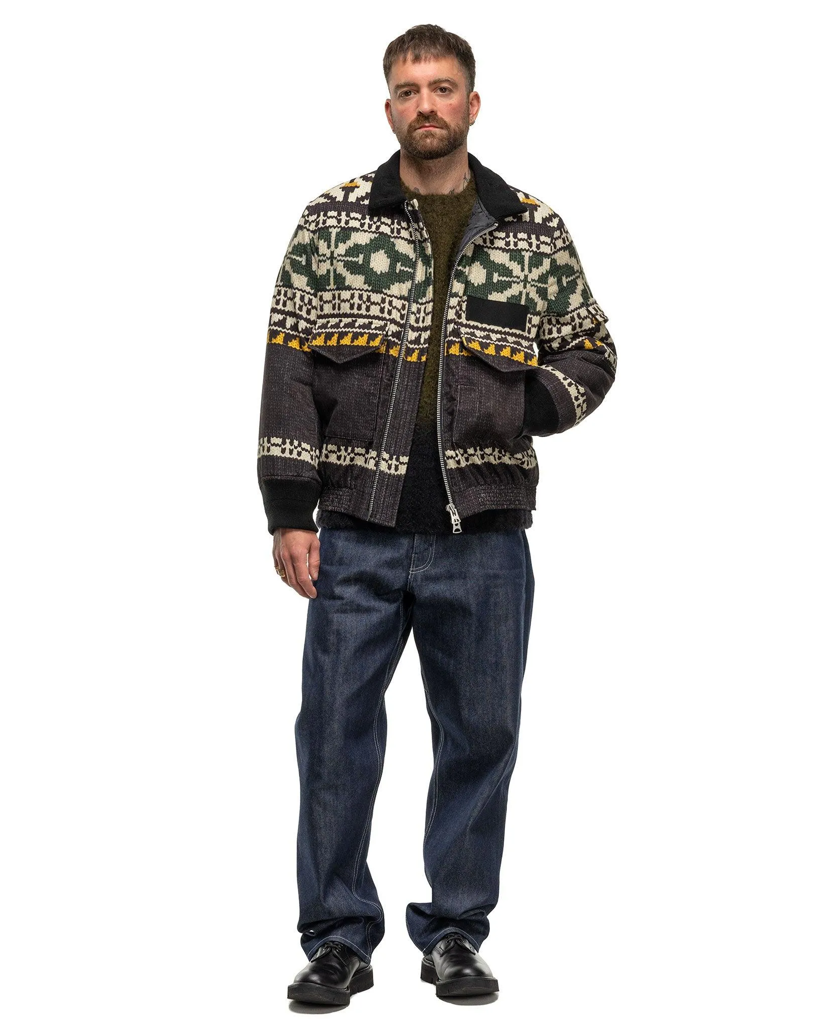 Pattern Knit Print Blouson Jacket Black x Green