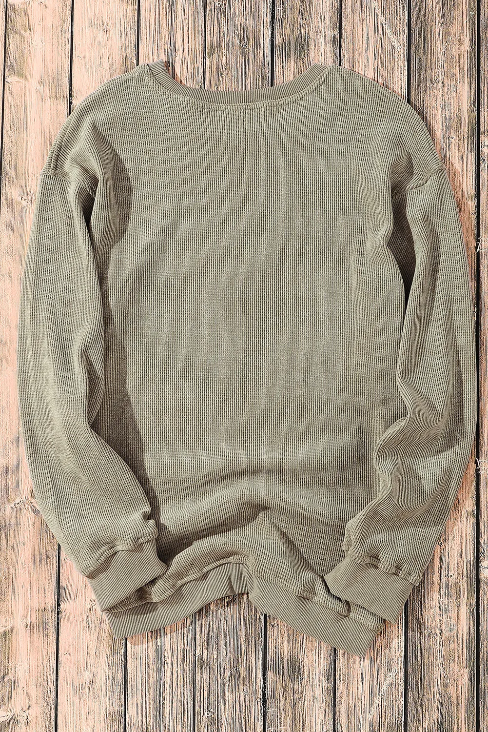 Pink Solid Ribbed Round Neck Pullover Sweatshirt