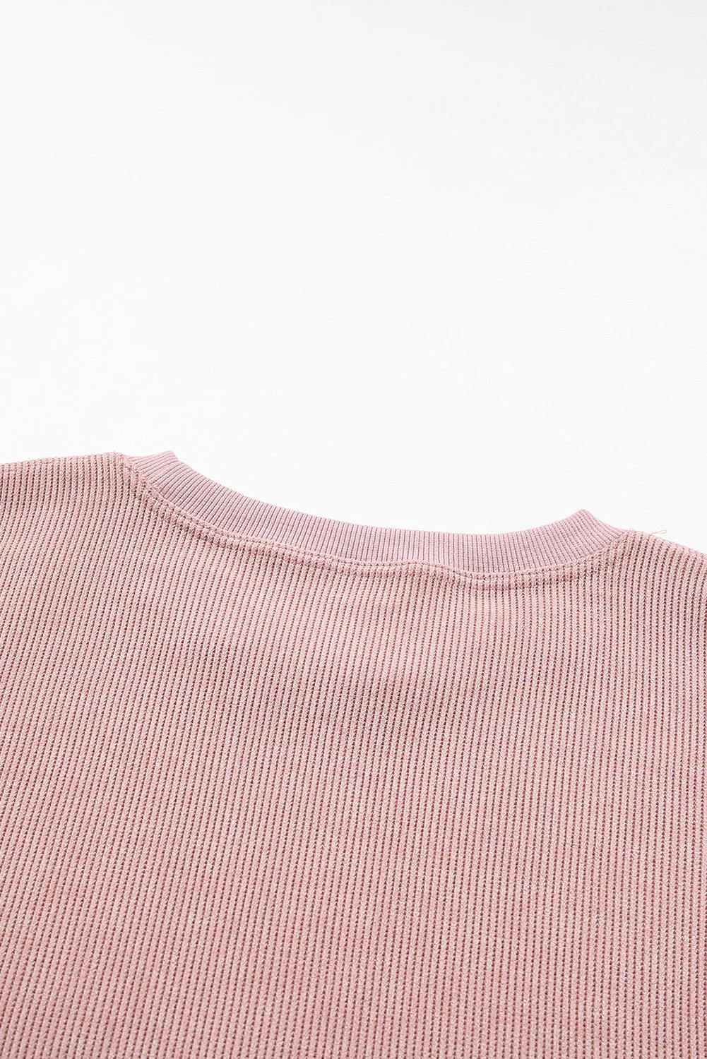 Pink Solid Ribbed Round Neck Pullover Sweatshirt