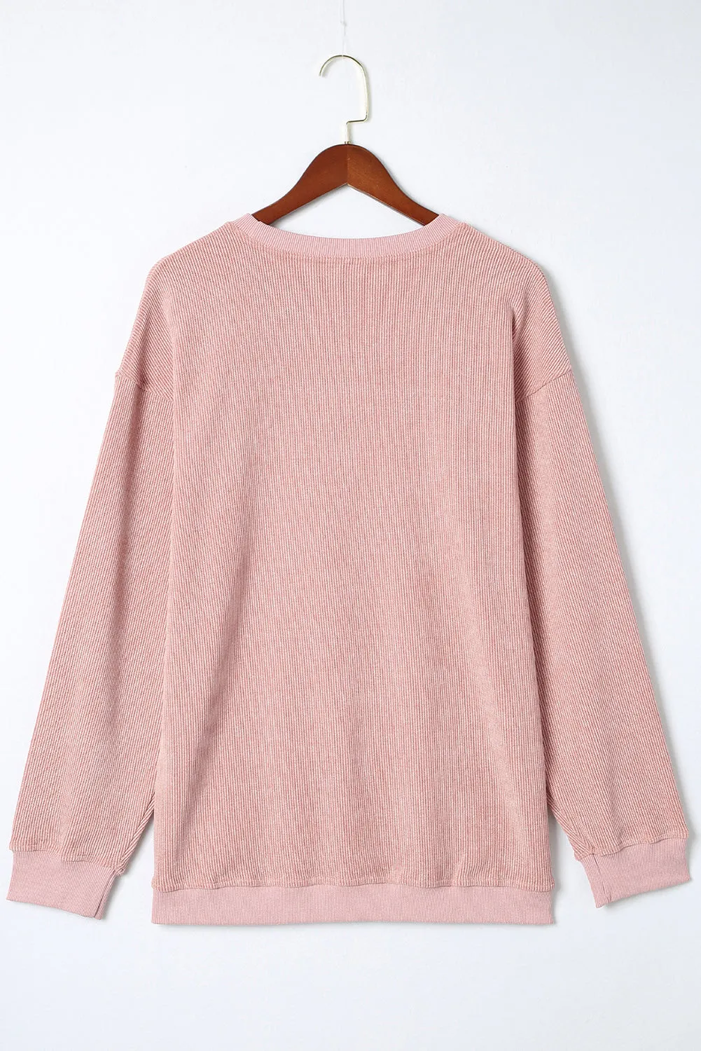 Pink Solid Ribbed Round Neck Pullover Sweatshirt