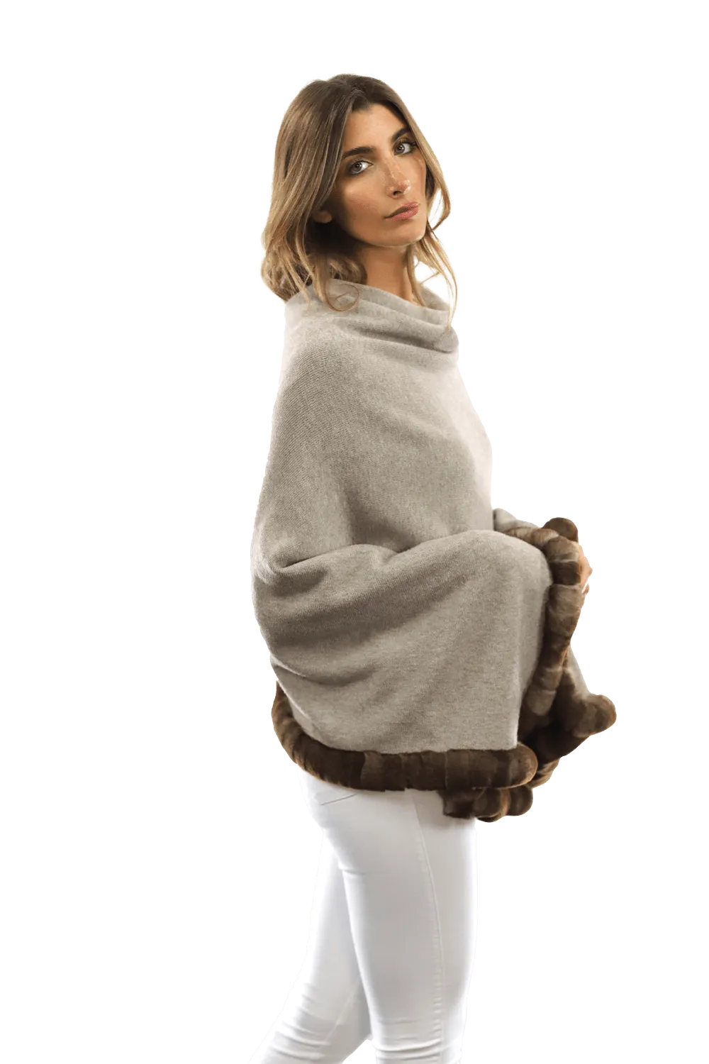 Poncho with Rex Rabbit Trim - Oatmeal