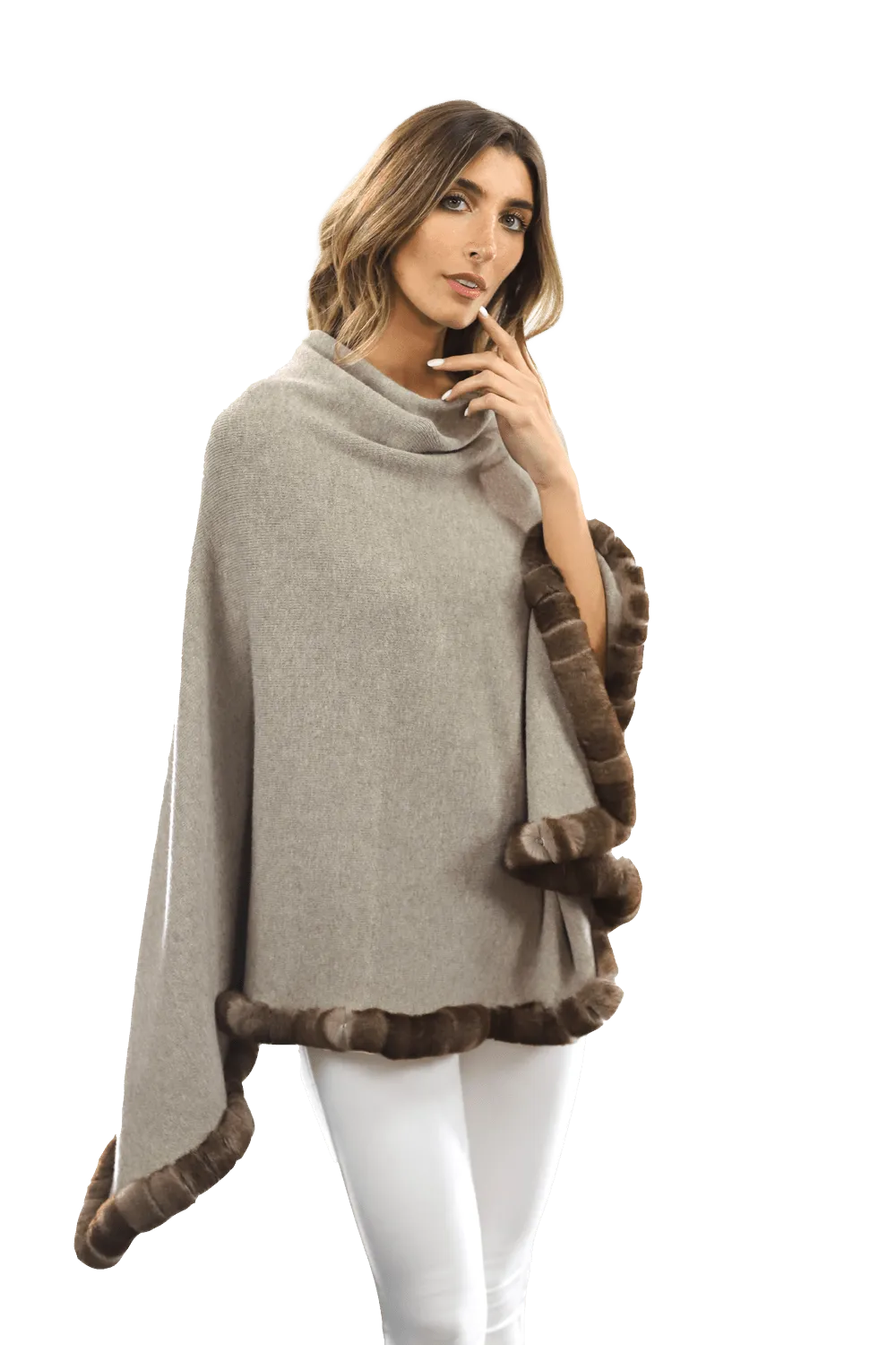 Poncho with Rex Rabbit Trim - Oatmeal