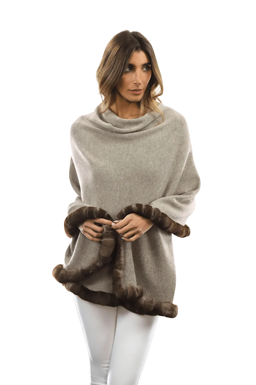 Poncho with Rex Rabbit Trim - Oatmeal