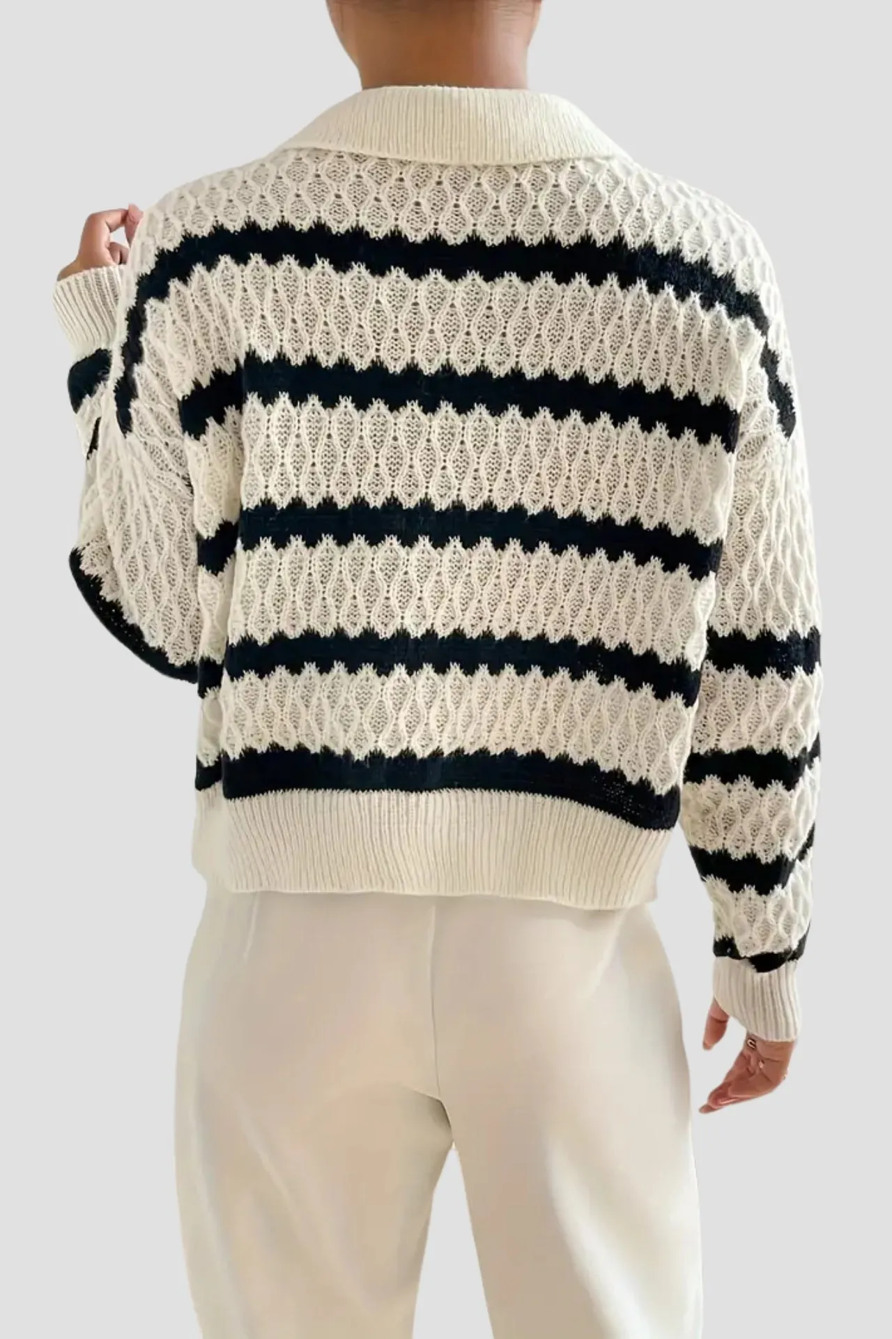 Premium Elegant Long Sleeve Patterned Striped Drop Shoulder Collared Sweater