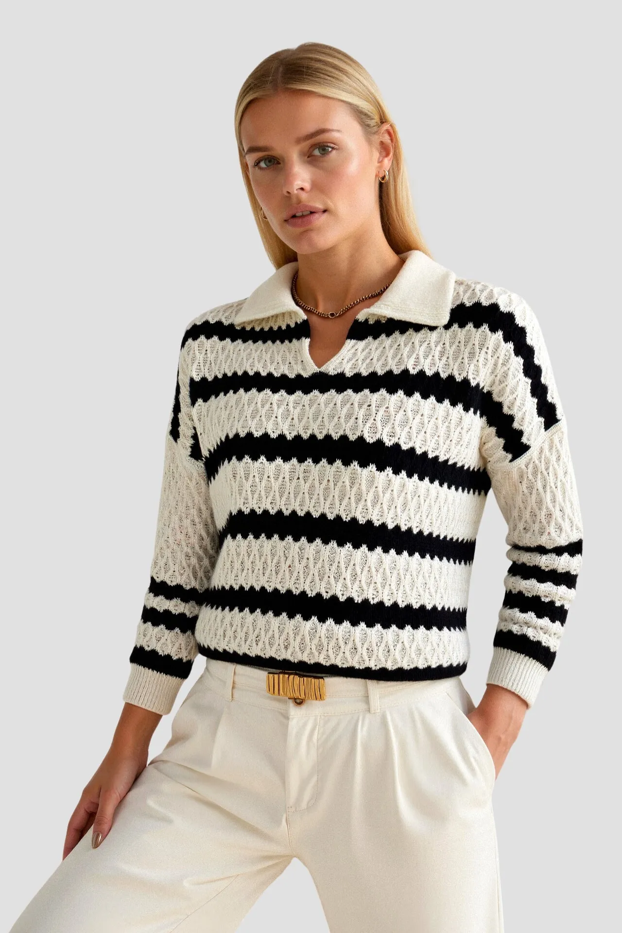 Premium Elegant Long Sleeve Patterned Striped Drop Shoulder Collared Sweater