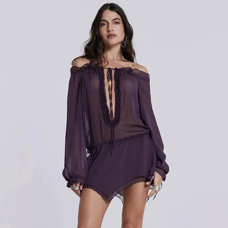 Purple Sheer Mesh Off Shoulder Hollow Out Long Sleeve Drawstring Mini Dress for Club Party 2024